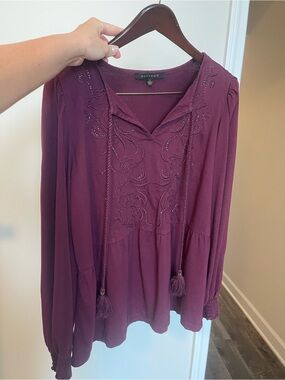 DownEast Plum Embroidered Tassel Peasant Top